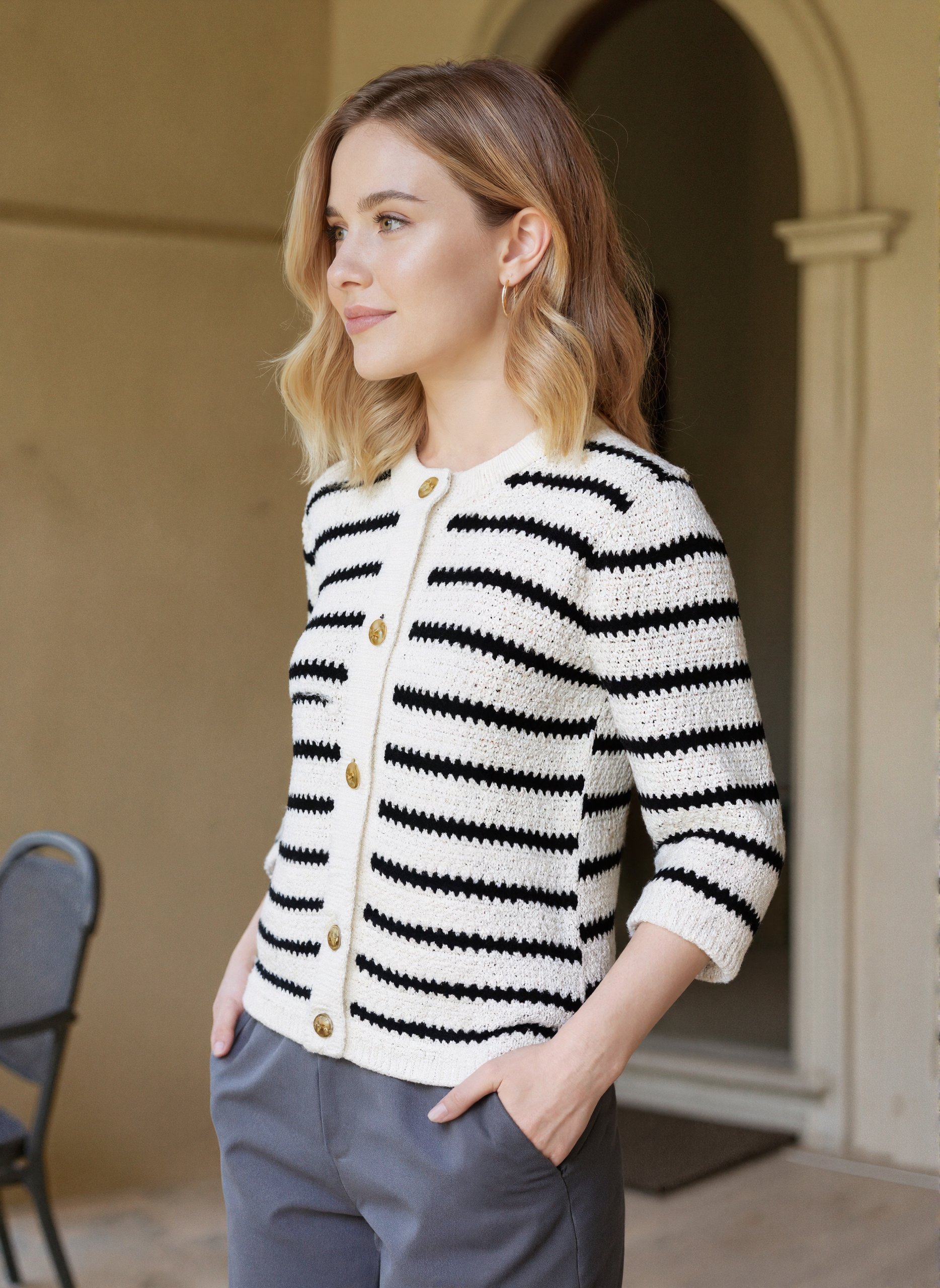  Women's Striped Cardigan Sweaters Casual Button Down Knit Cardigan