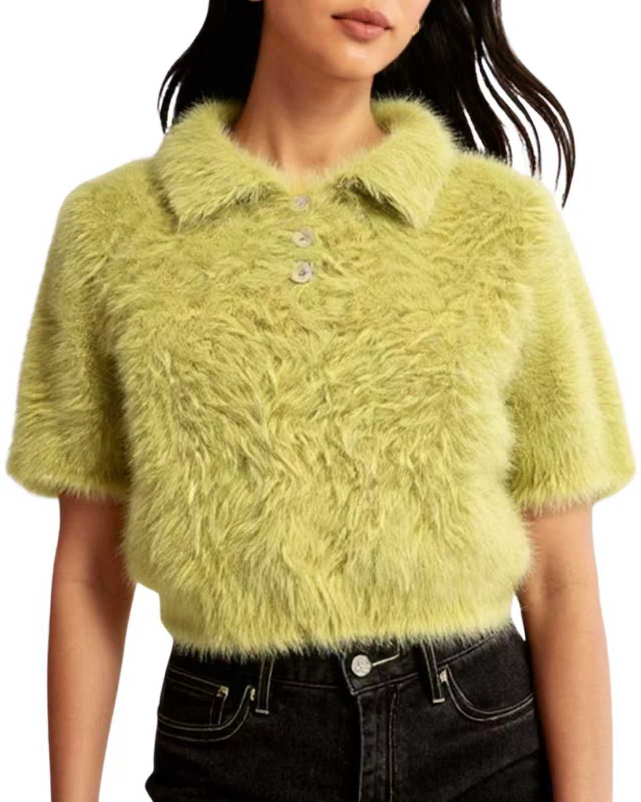 Women's Furry Fuzzy Short Sleeve Cozy Button Down Knit Polo Neck Sweater