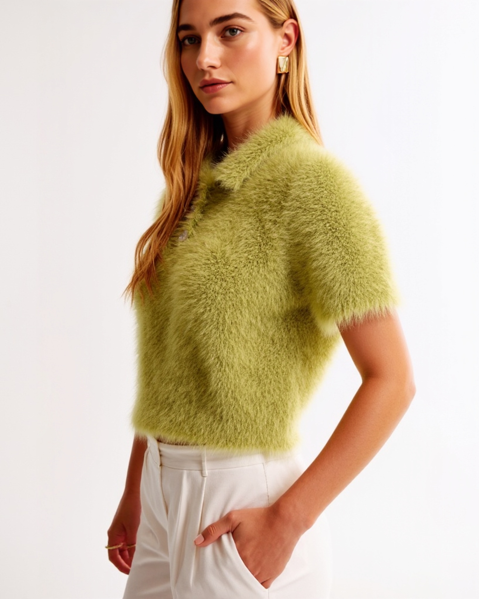 Women's Furry Fuzzy Short Sleeve Cozy Button Down Knit Polo Neck Sweater