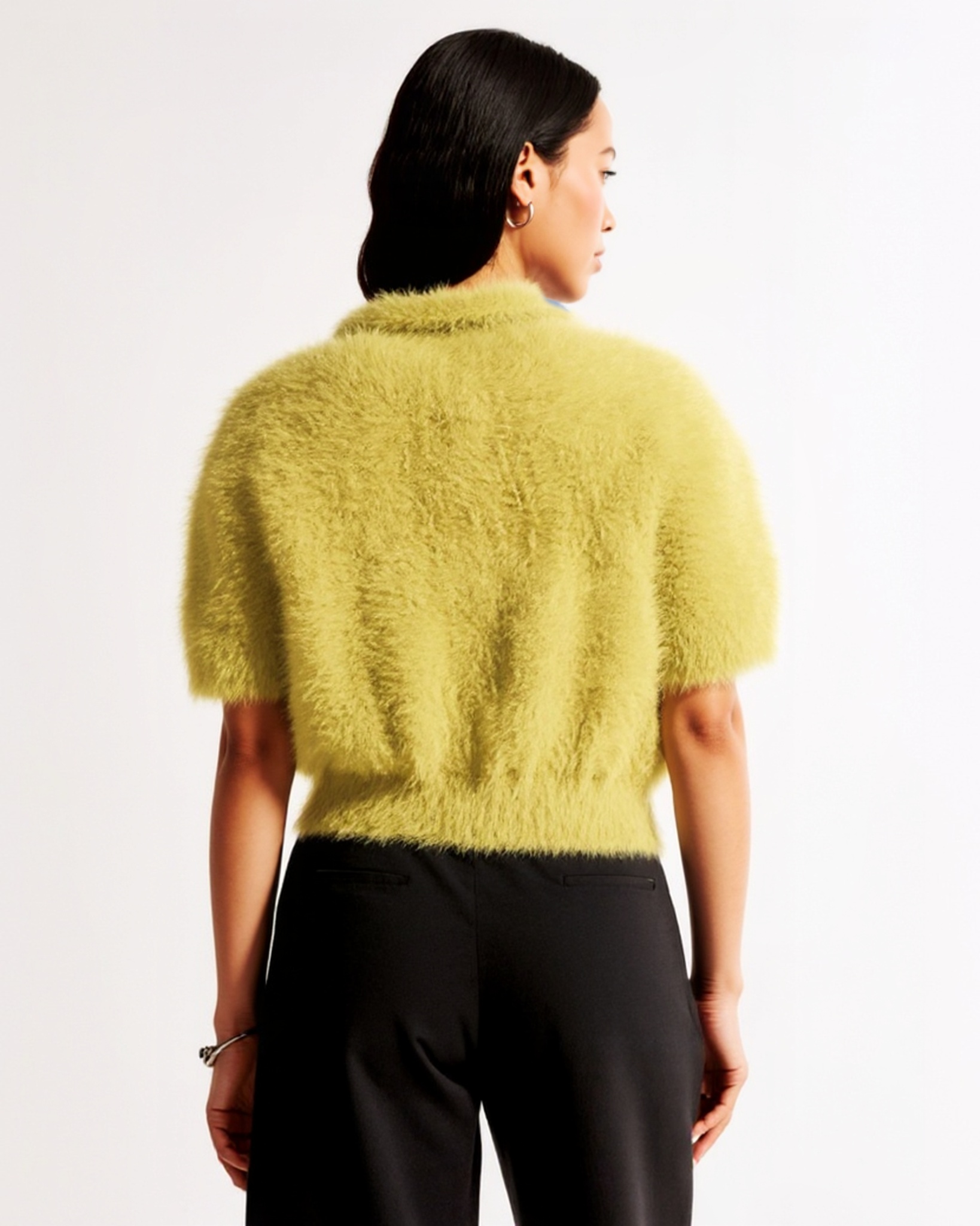 Women's Furry Fuzzy Short Sleeve Cozy Button Down Knit Polo Neck Sweater