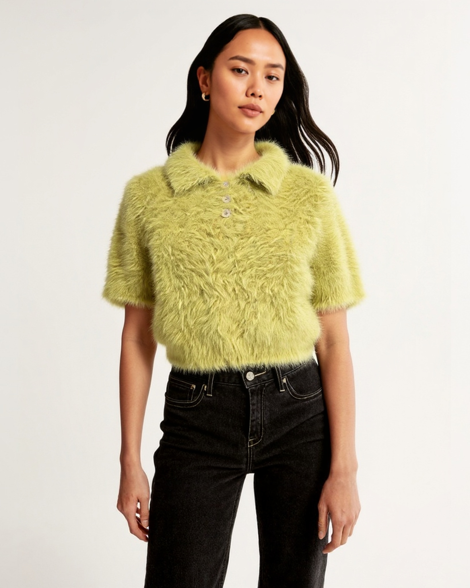 Women's Furry Fuzzy Short Sleeve Cozy Button Down Knit Polo Neck Sweater