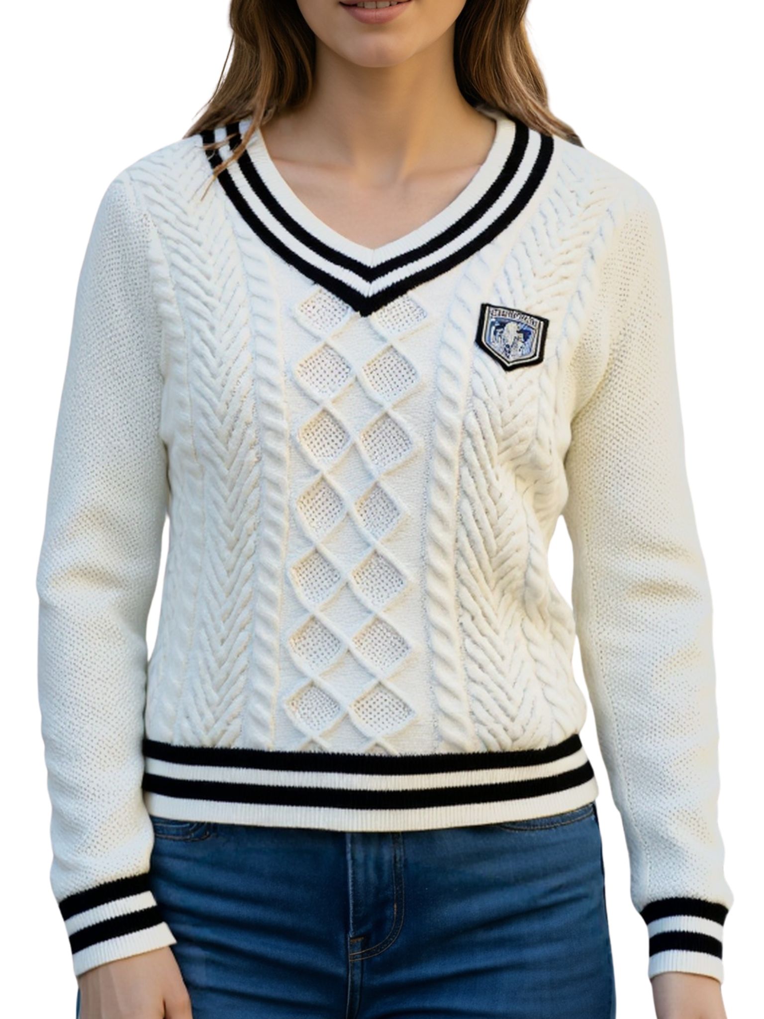 Cable Knit Preppy Sweater for Women Trendy Striped Pullover Sweater V Neck Sweater for Women Casual 