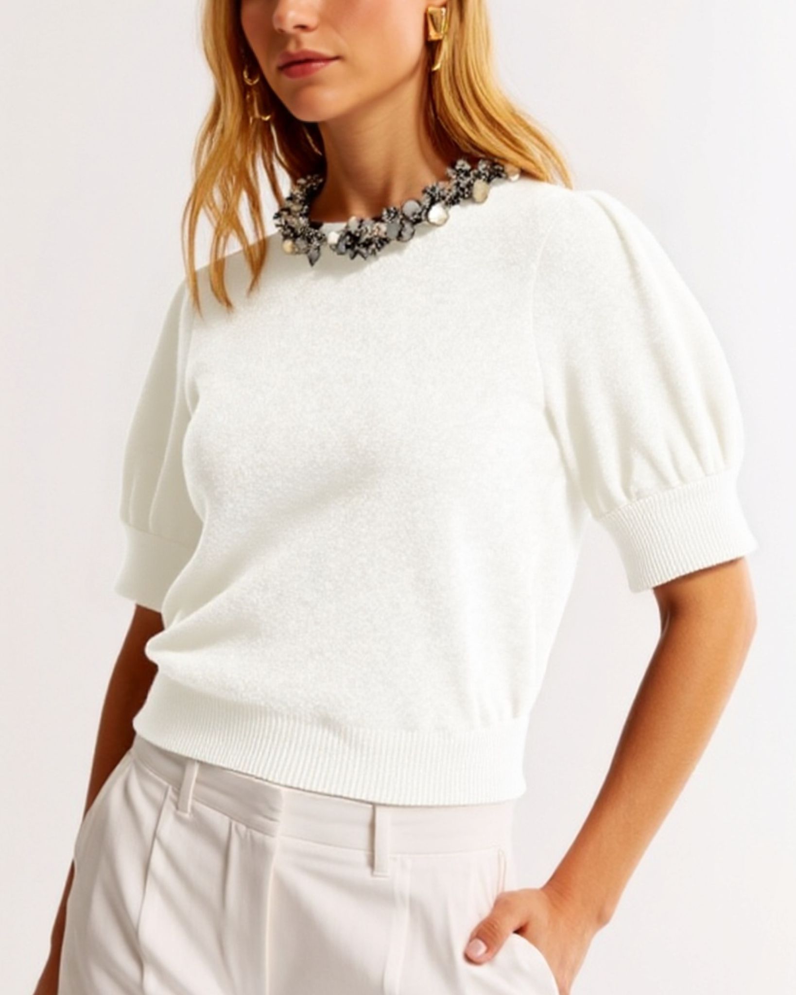 Women's Dressy Silver Sequins Neckline Embellishment Short Sleeve Sweater