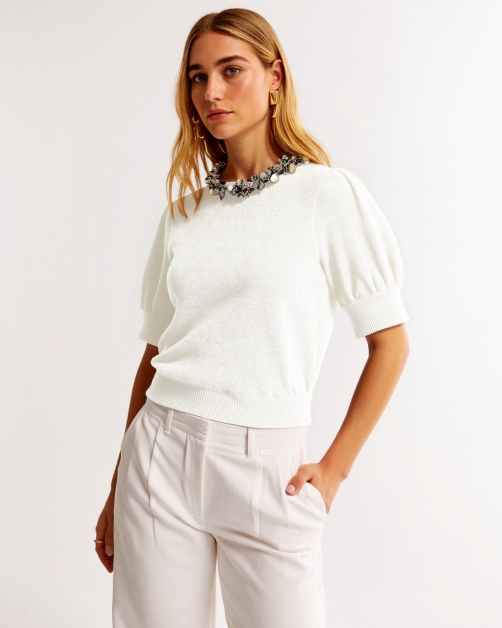 Women's Dressy Silver Sequins Neckline Embellishment Short Sleeve Sweater