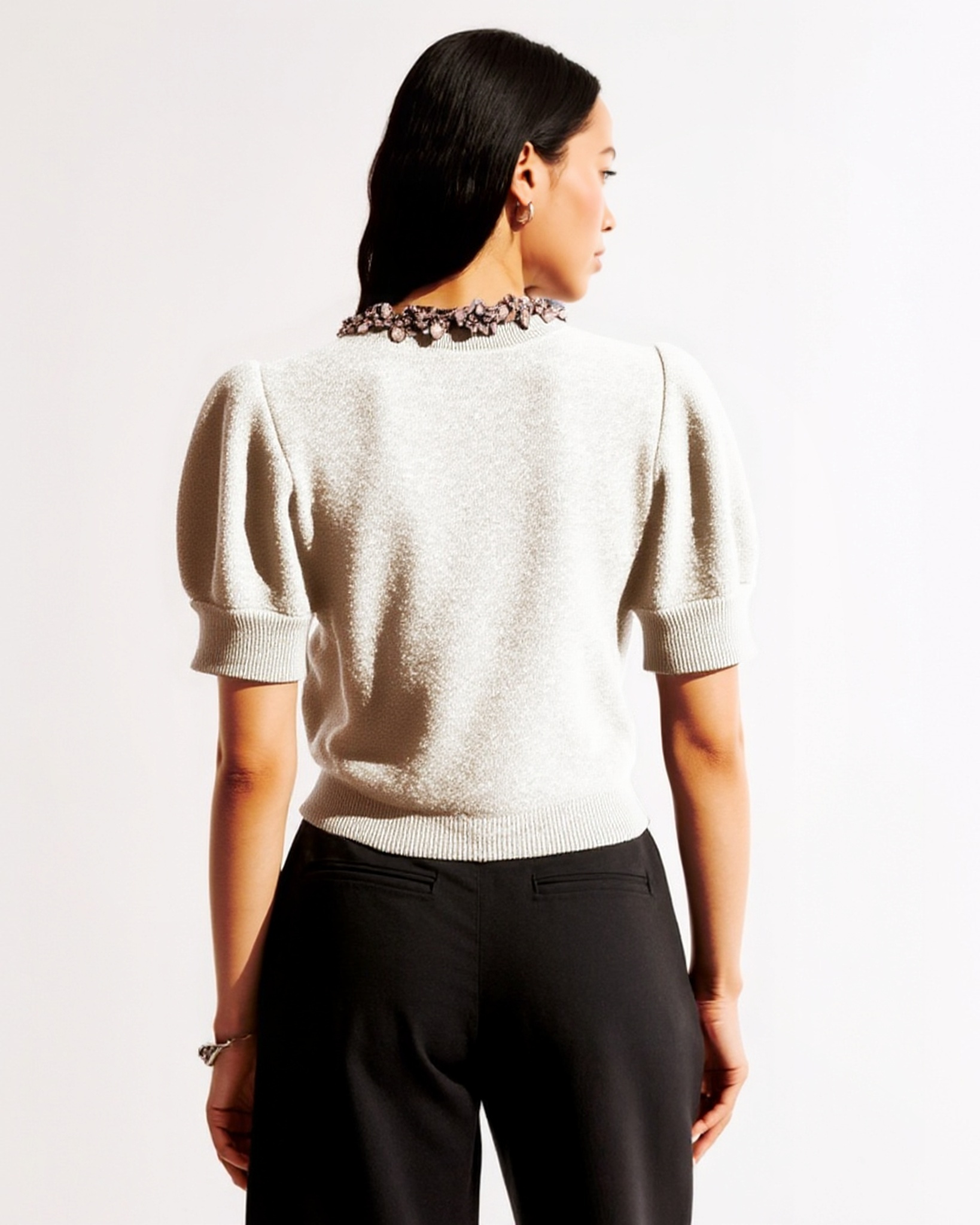 Women's Dressy Silver Sequins Neckline Embellishment Short Sleeve Sweater