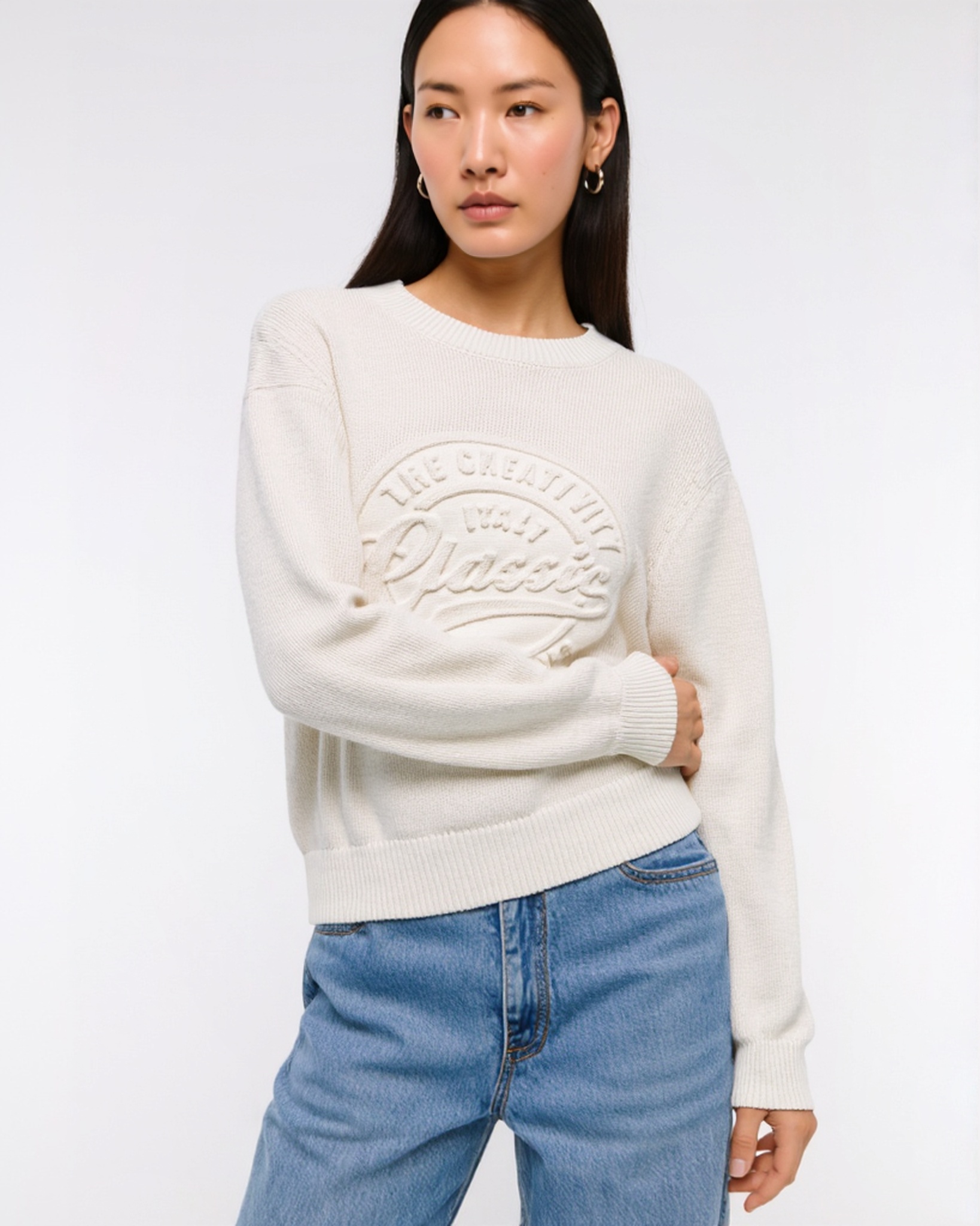 Women's Trendy Embossing Technique 3D Sweater Crewneck Sweatshirt Long Sleeve Sweater