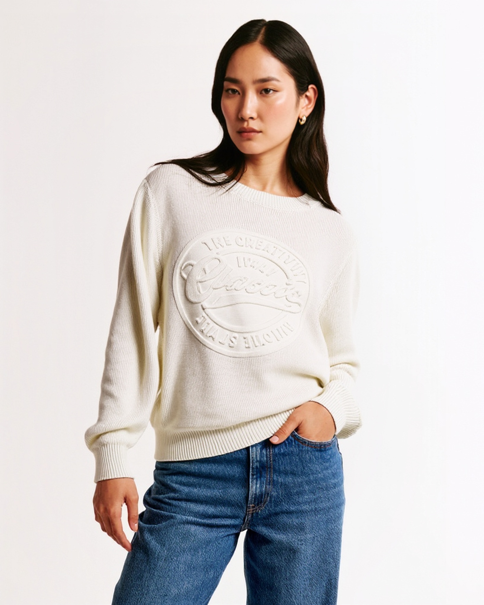 Women's Trendy Embossing Technique 3D Sweater Crewneck Sweatshirt Long Sleeve Sweater