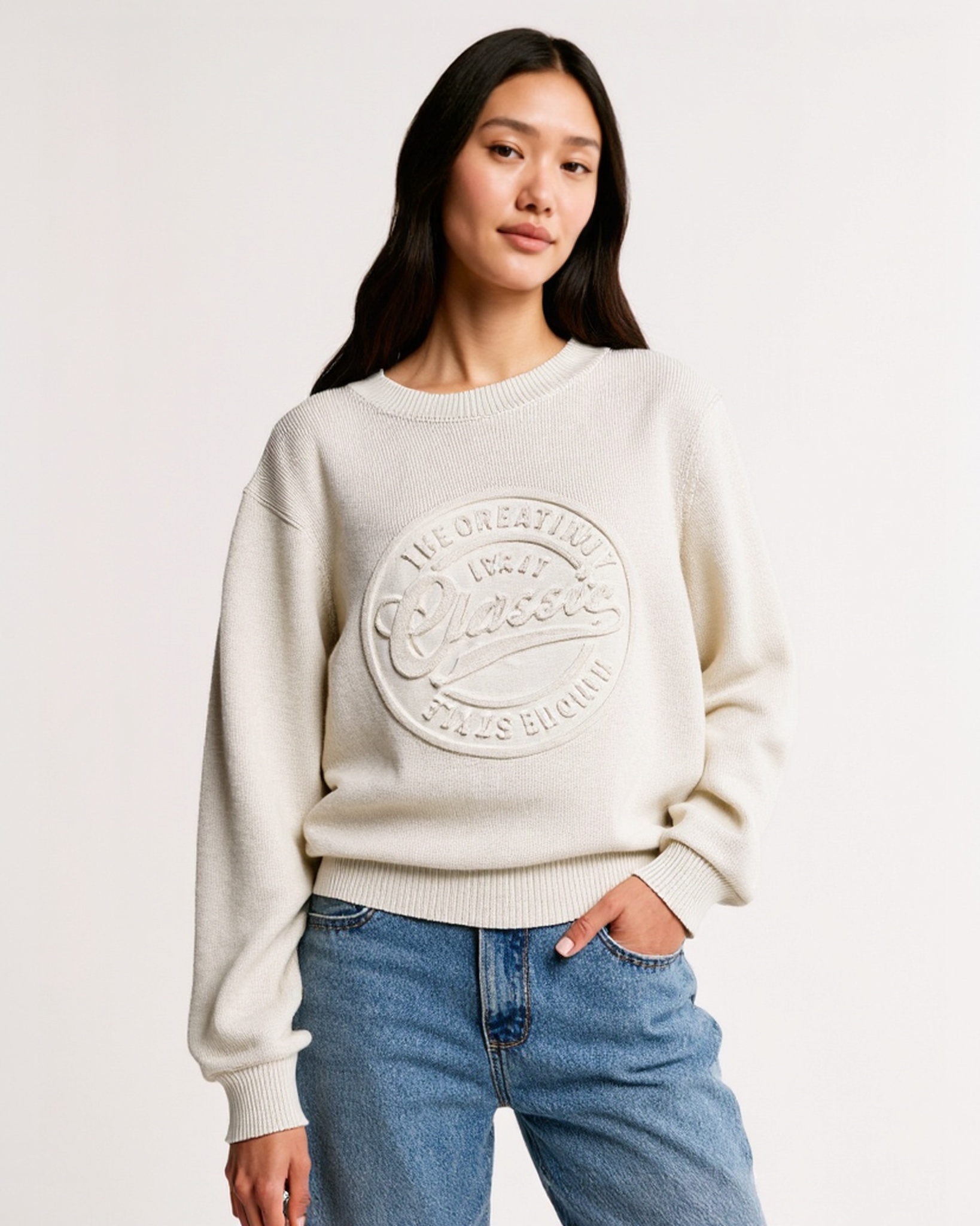 Women's Trendy Embossing Technique 3D Sweater Crewneck Sweatshirt Long Sleeve Sweater