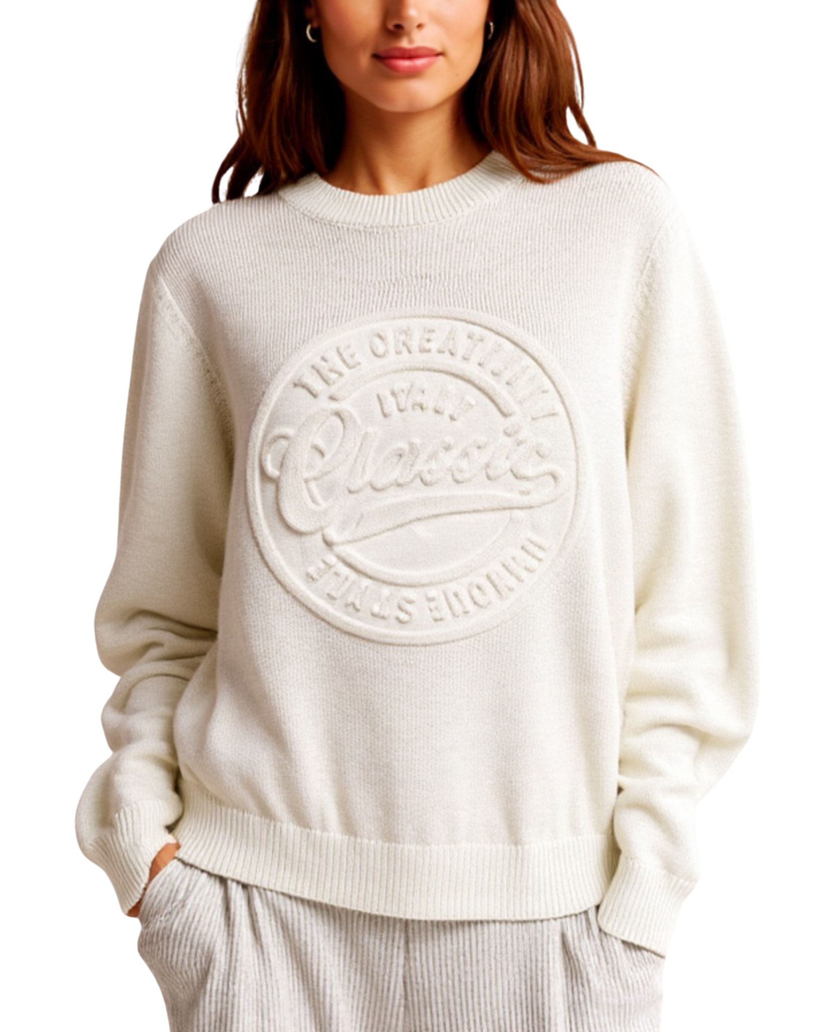 Women's Trendy Embossing Technique 3D Sweater Crewneck Sweatshirt Long Sleeve Sweater