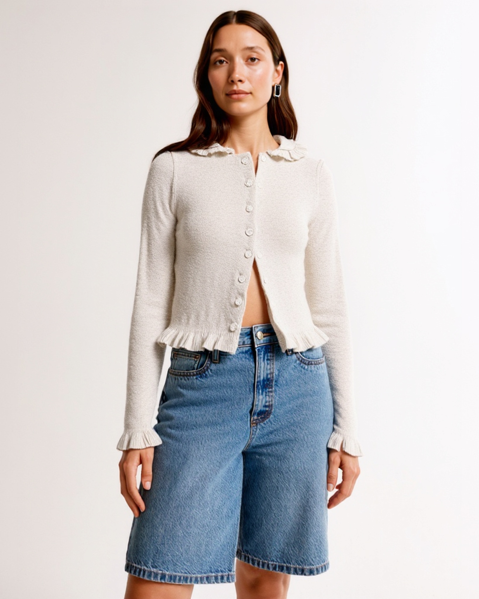 Women's Cardigans Button Down Open Front Long Sleeve Knit Sweater Ruffle Collar Cropped Top